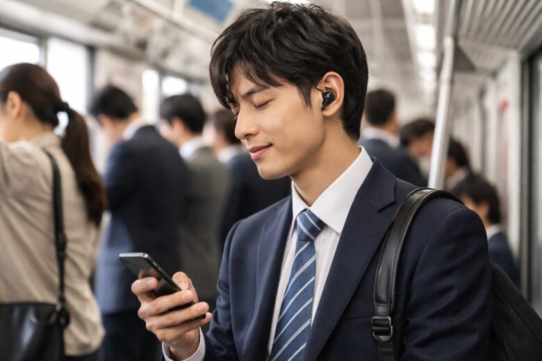 通勤電車の中で音楽を聴く人
