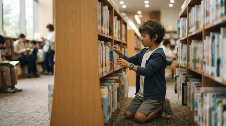 図書館で楽しそうな本を探している3年生