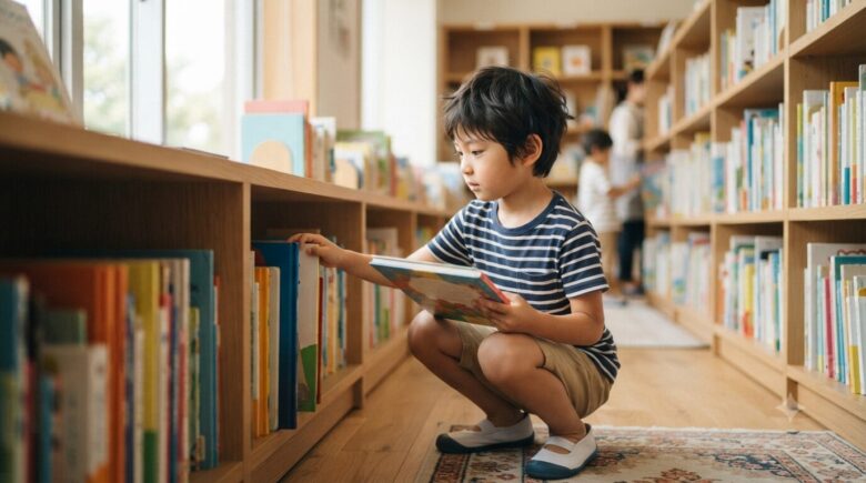 図書館で本を選ぶ小学2年生